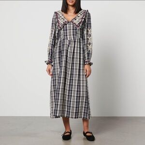 Damson Madder Maude Collared Midi Dress Navy White Plaid Bow Heart Embroidery